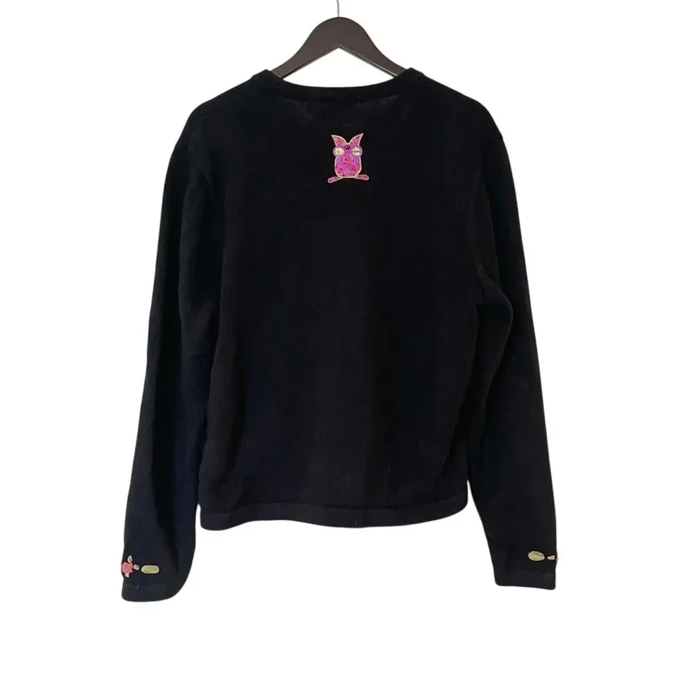Jack B. Quick Y2k Beaded Owl Embroidered Abstract Knit Cardigan Sweater